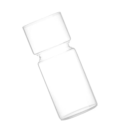 Clear glass bulb vase with small green plant cutting on white shelf