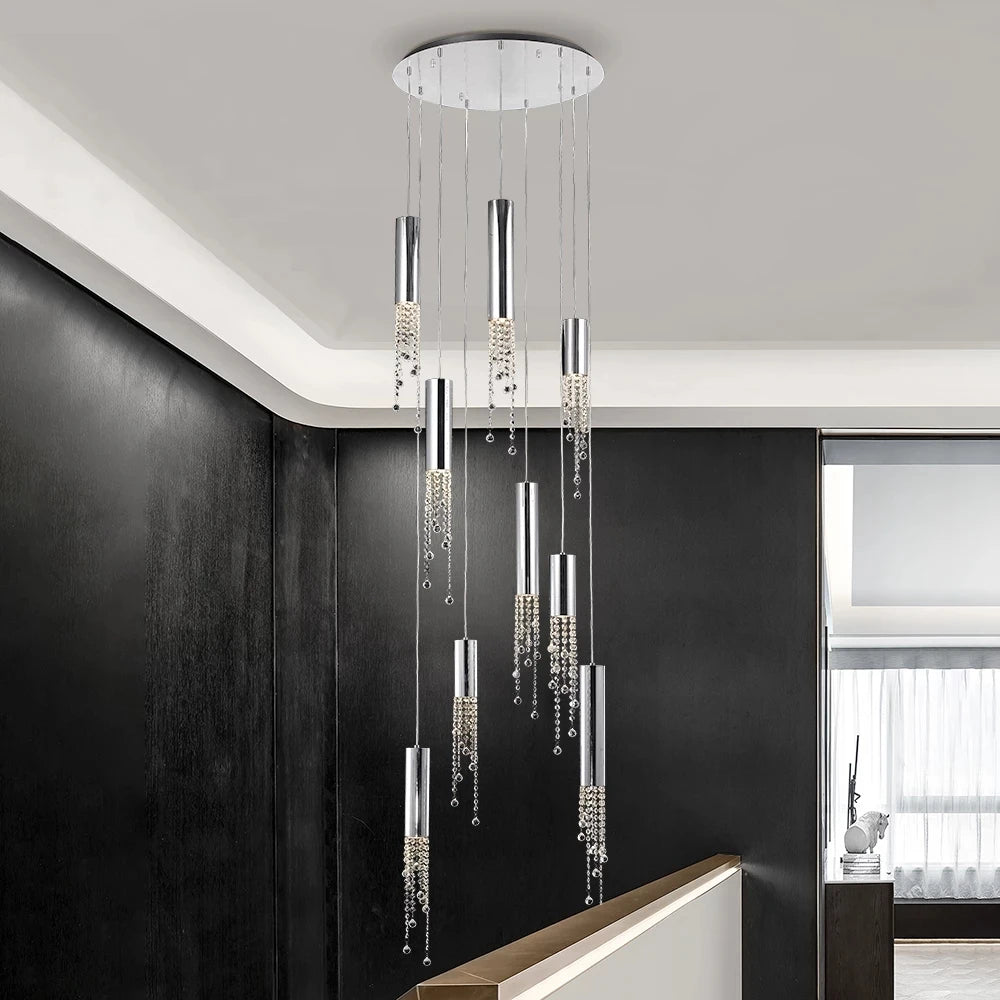 Twenty light crystal staircase chandelier with adjustable wire drops
