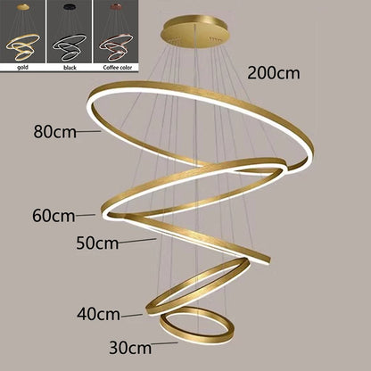 Black ring staircase chandelier with a 118.1 in adjustable drop