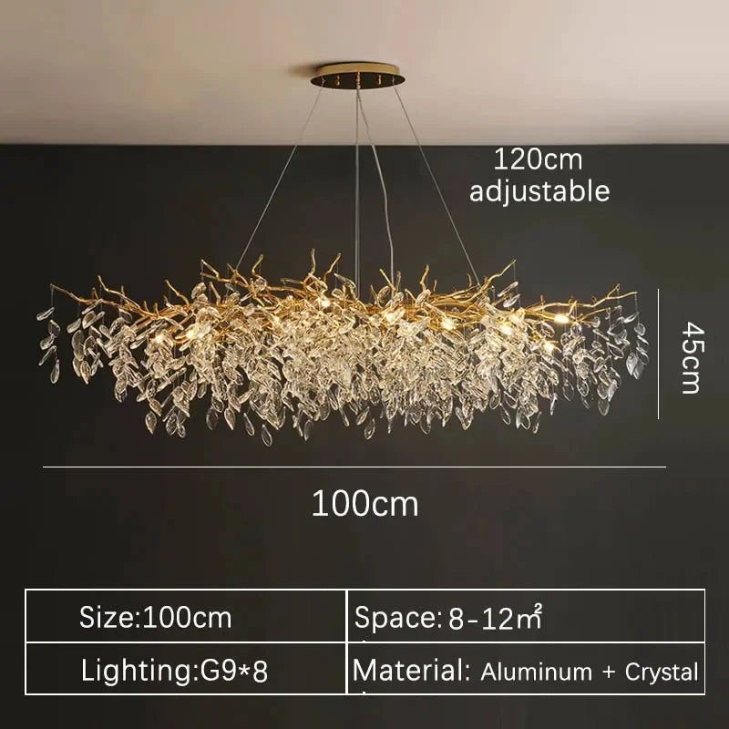 Long crystal chandelier at 140 centimetres for a dining table