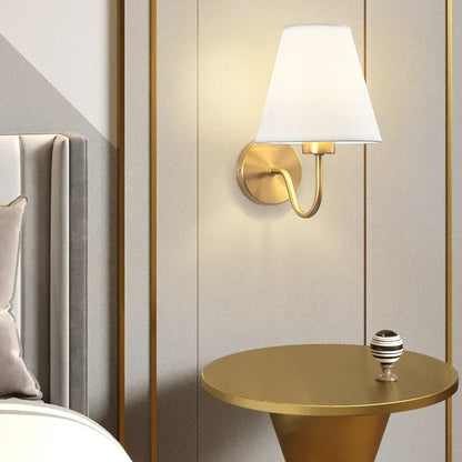 fabric shade wall sconce, close-up of shade and hardware detail