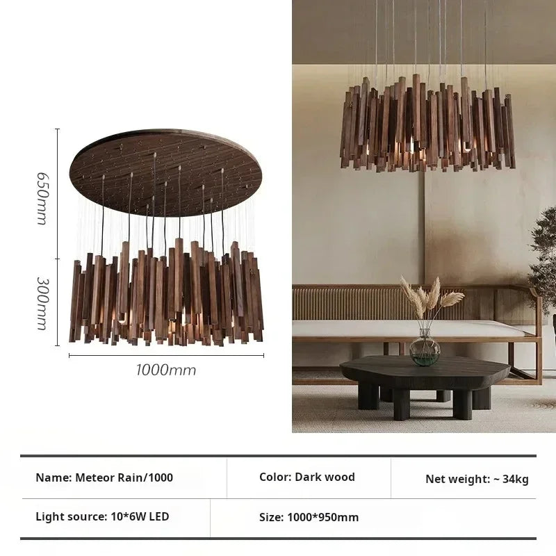 Timber grain and iron socket detail on the wooden chandelier