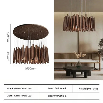 Timber grain and iron socket detail on the wooden chandelier