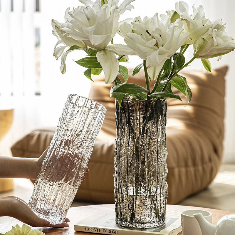 Style A and Style B glacier glass vases in both finishes arranged together