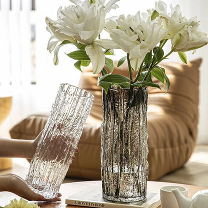 Style A and Style B glacier glass vases in both finishes arranged together