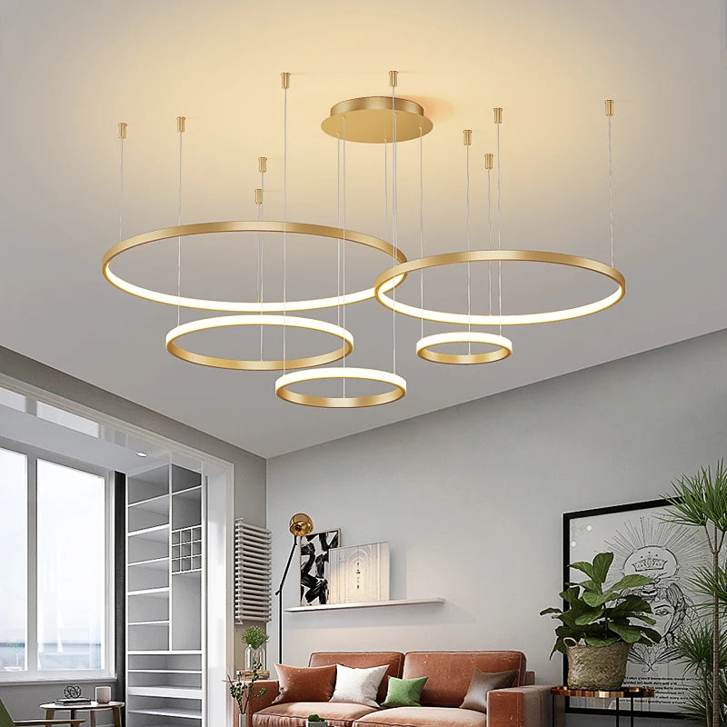 Gold ring chandelier combining 20, 40, 60 and 80 centimetre acrylic rings