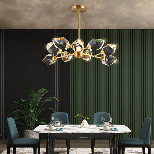Linear crystal staircase chandelier with golden iron bar and faceted crystal drops