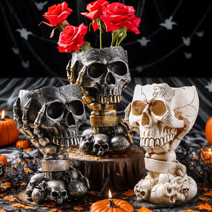 Gold steampunk mechanical skull resin vase as bold living room statement decor
