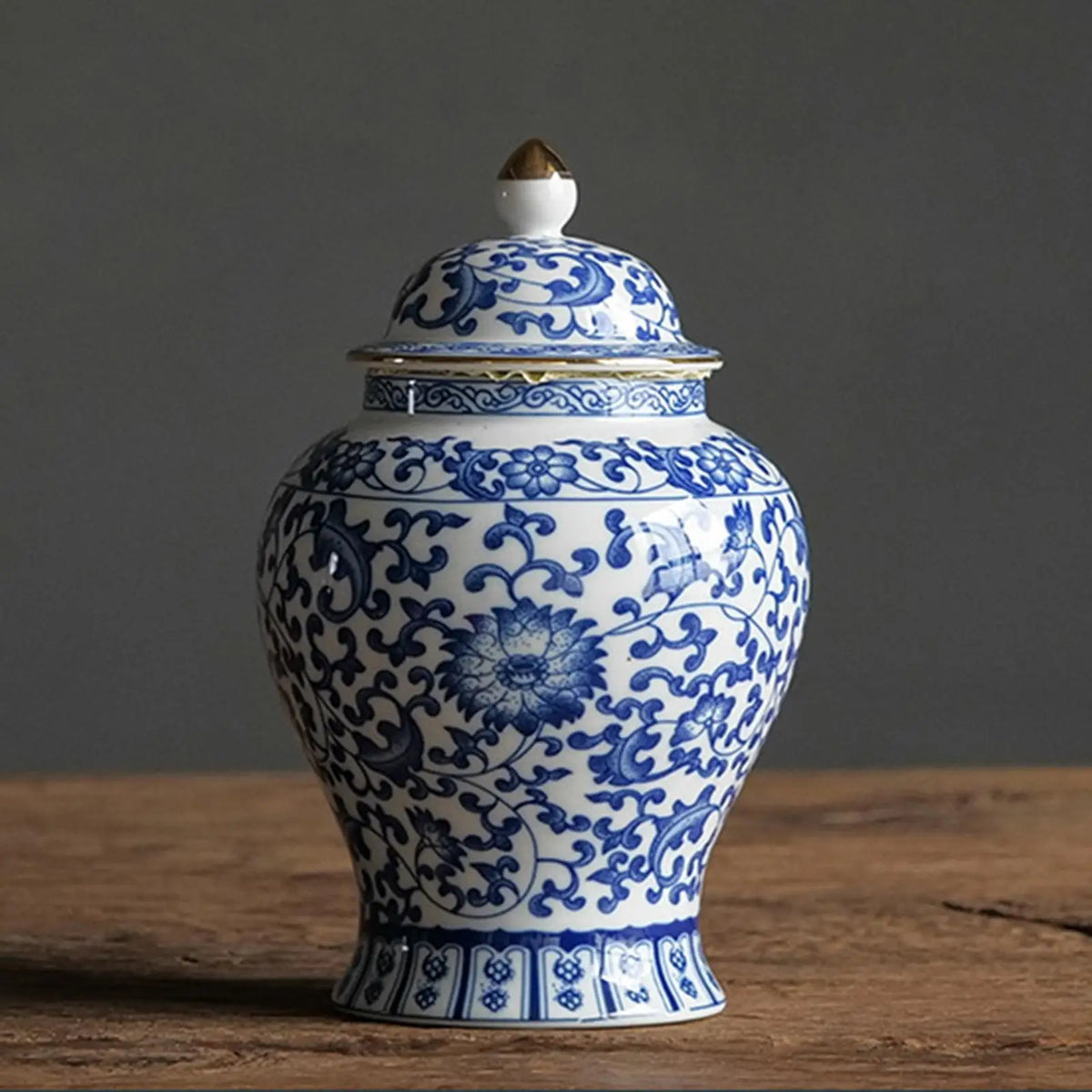 Glazed ceramic ginger jar vase side view detail shot