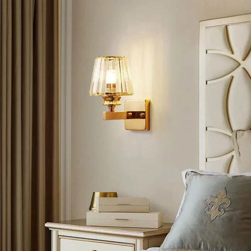 crystal wall sconce, detail view of fixture base and arm