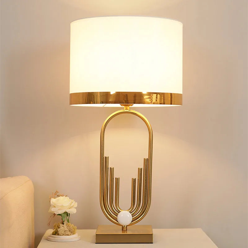 Copper base table lamp fabric shade close-up texture and lustre detail
