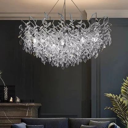 Linear silver crystal chandelier measuring 63.0 in long, E14 bulbs included