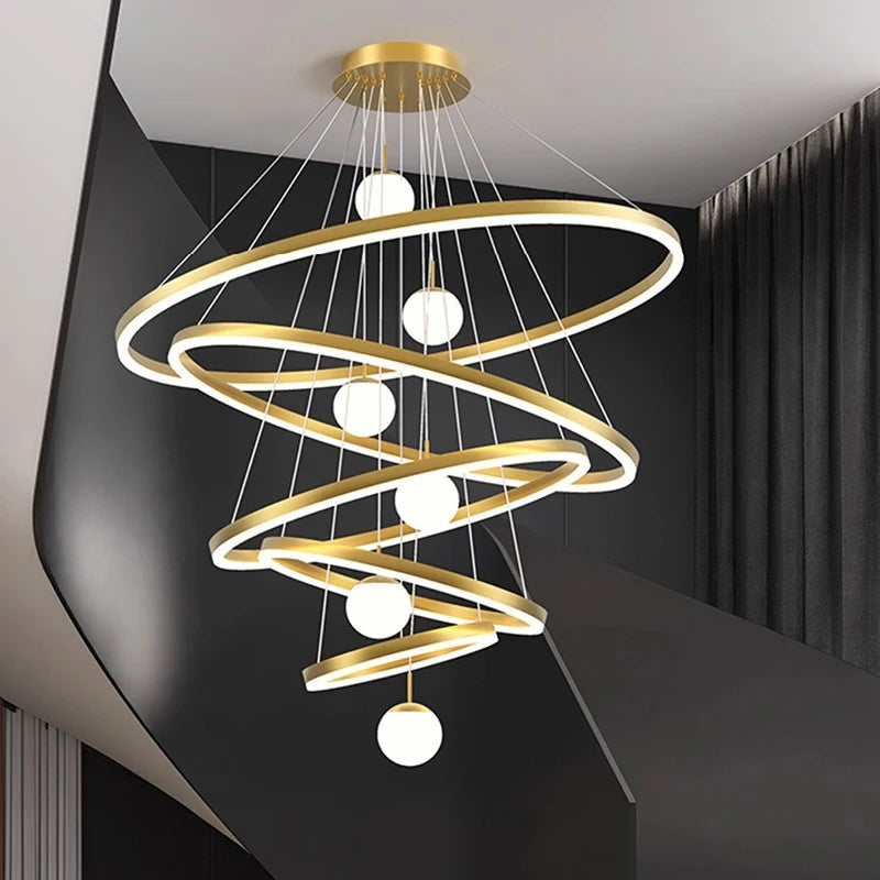 Two ring chandelier in gold, 15.7 and 23.6 inch rings, 47.2 inch drop