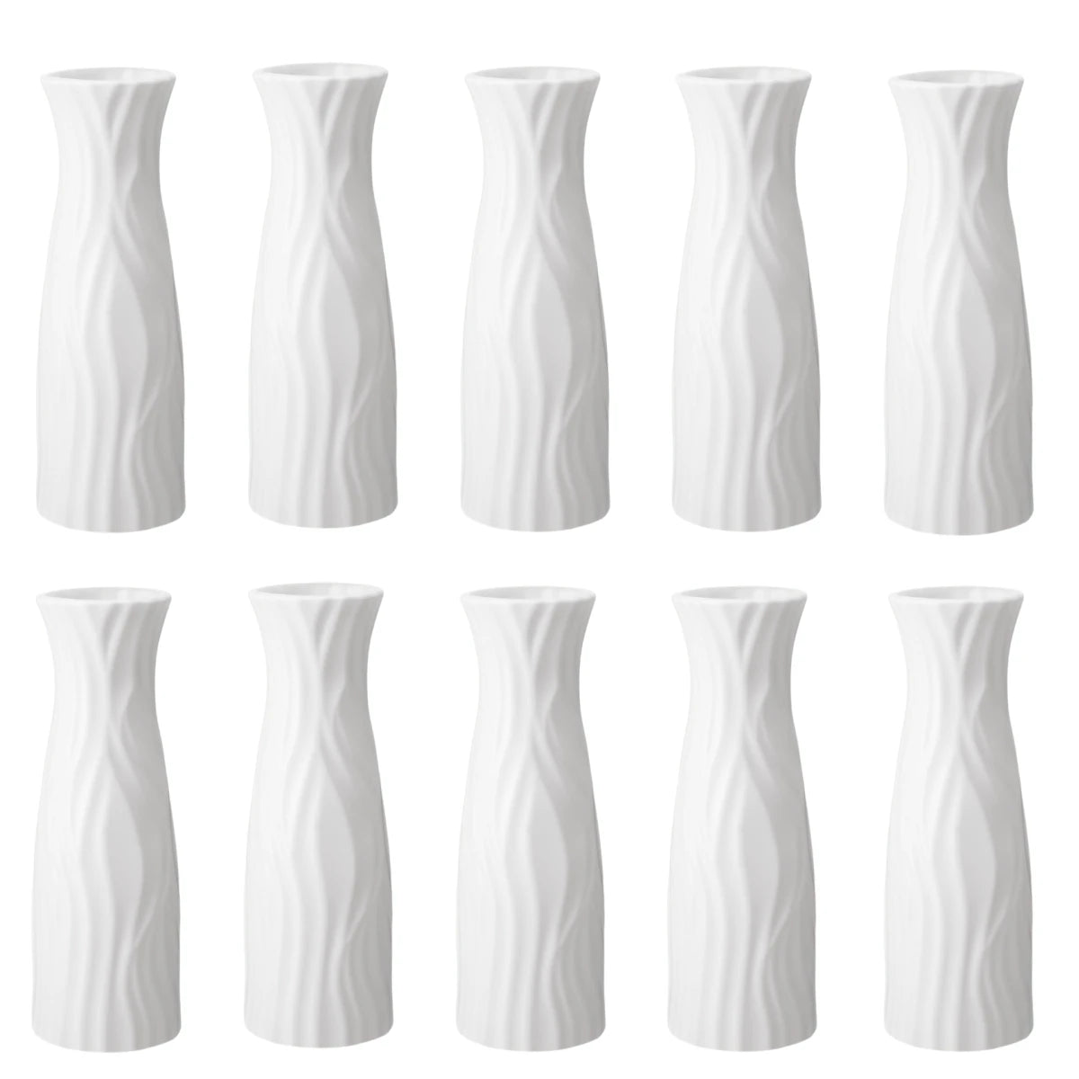 Ten-pack plastic flower vases styled with greenery and blooms
