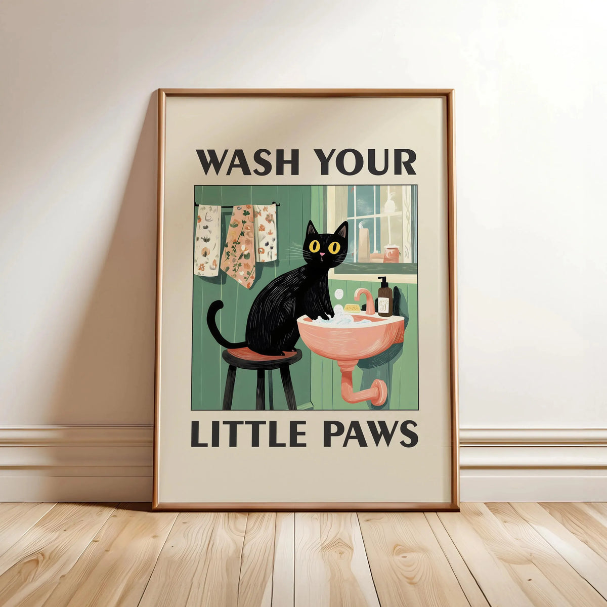 Wash Your Paws Black Cat Bathroom Canvas Wall Art