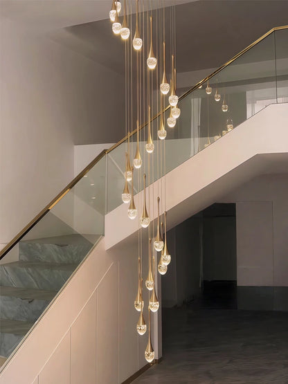 Crystal raindrop staircase chandelier with crystal drops on gold cords