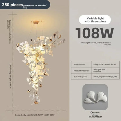 Ginkgo leaf chandelier frame detail with layered ceramic leaf shades