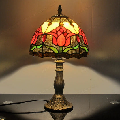 Tiffany tulip art glass shade close-up showing hand-welded glass segments