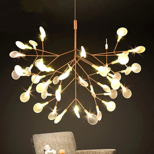Rose gold firefly chandelier with acrylic tipped stems on chrome iron