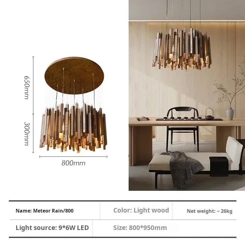 Wooden chandelier lit in white 6000K light with iron hardware