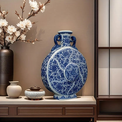 Handcrafted porcelain blue white floral Chinese antique moon vase