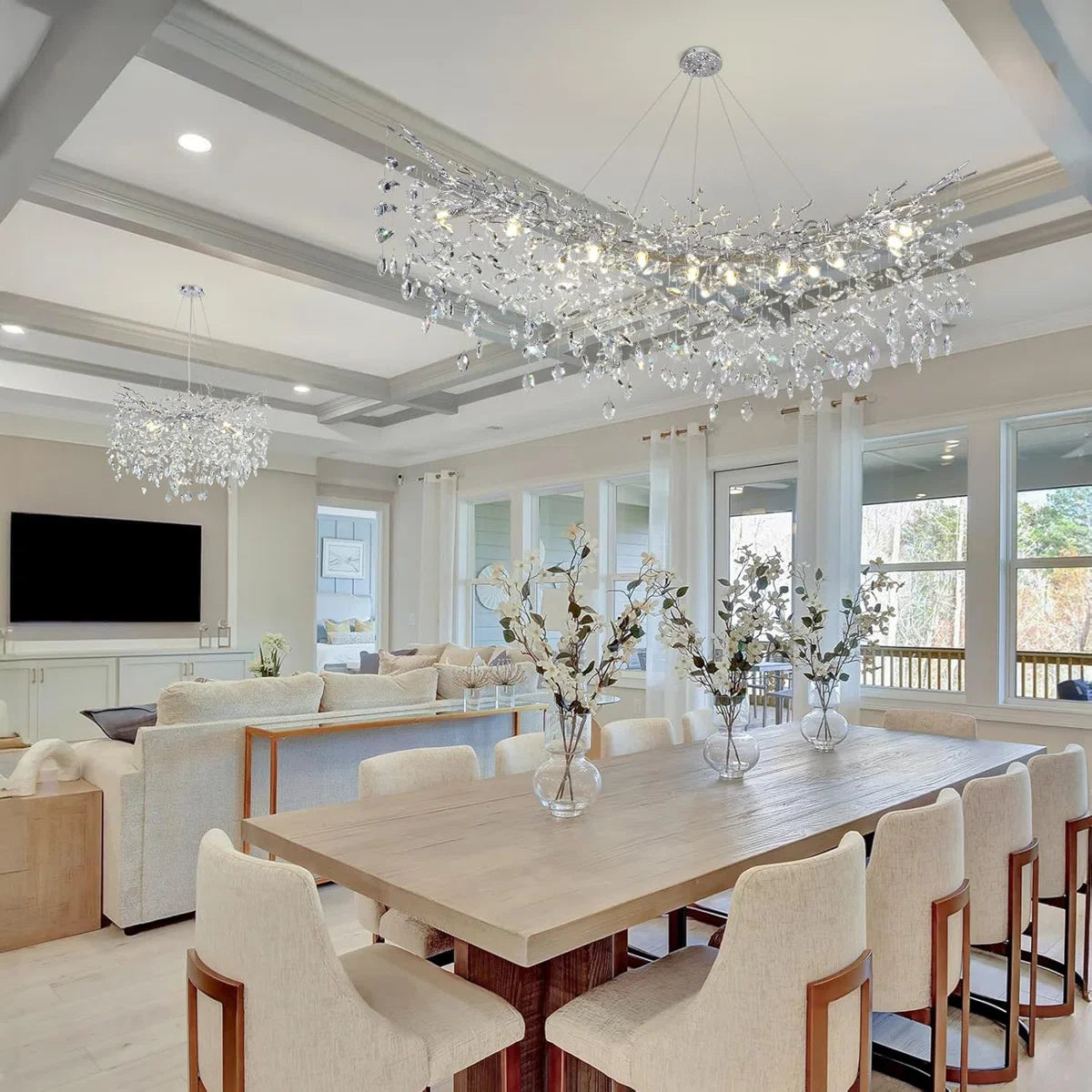 Linear crystal branch chandelier, 63 inches long, in a gold lamp body