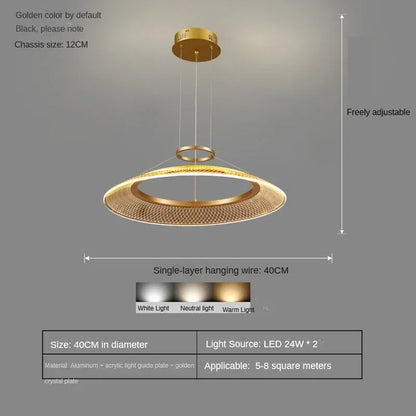 Layered gold ring chandelier with staggered aluminum light circles