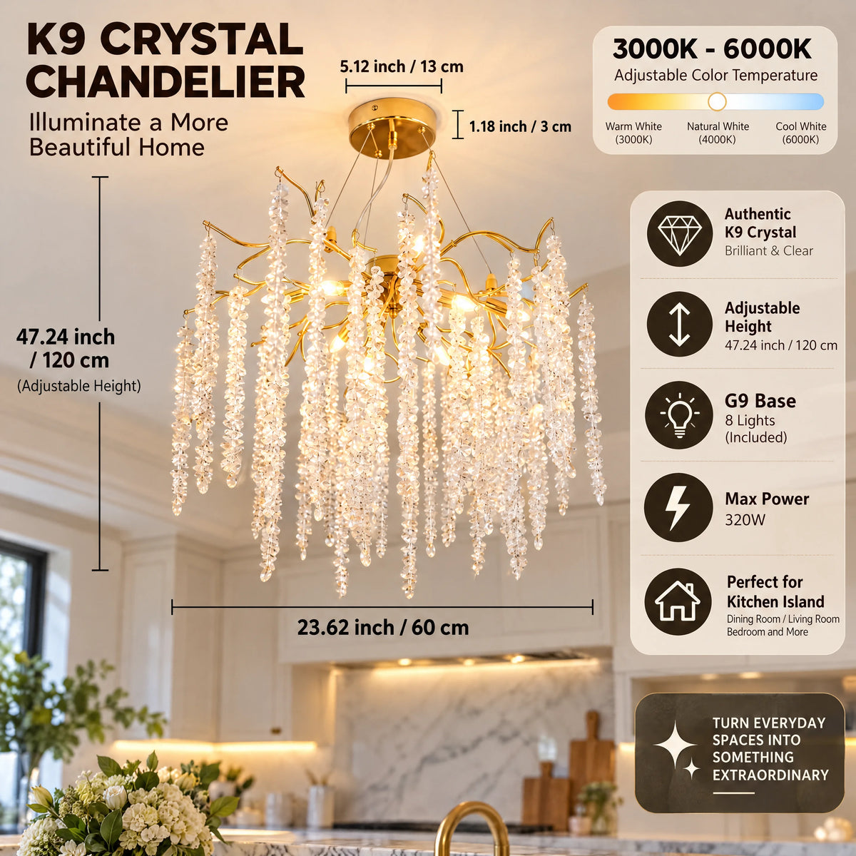 Gold crystal branch chandelier lit in warm white with refracted sparkle