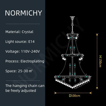 Gold tiered crystal chandelier rated for 90 to 260V operation