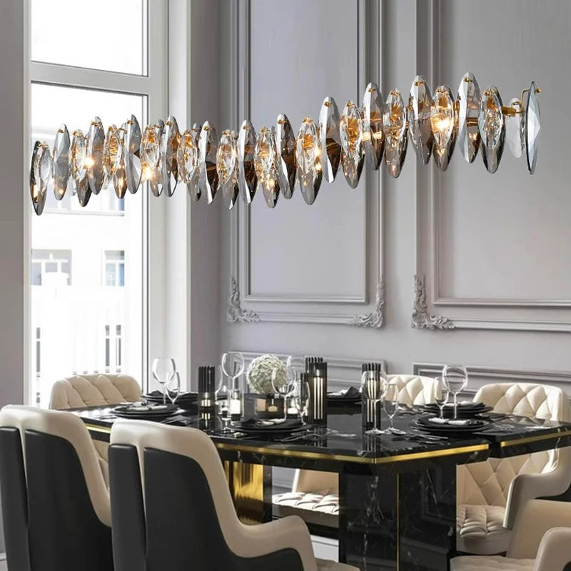Crystal linear bar chandelier in polished chrome with close crystal rows