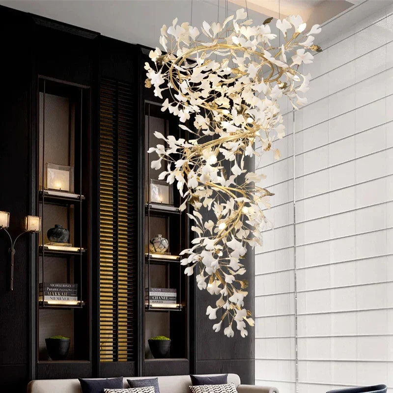Large ginkgo leaf chandelier, 70.9 inch round form with a 118.1 inch drop
