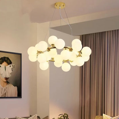 Milk glass ball chandelier with white globes on a polished chrome ring
