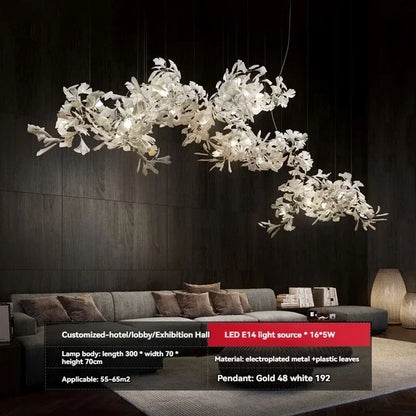 Linear ginkgo chandelier, 39.4 inches long by 70.9 inch drop, in ceramic