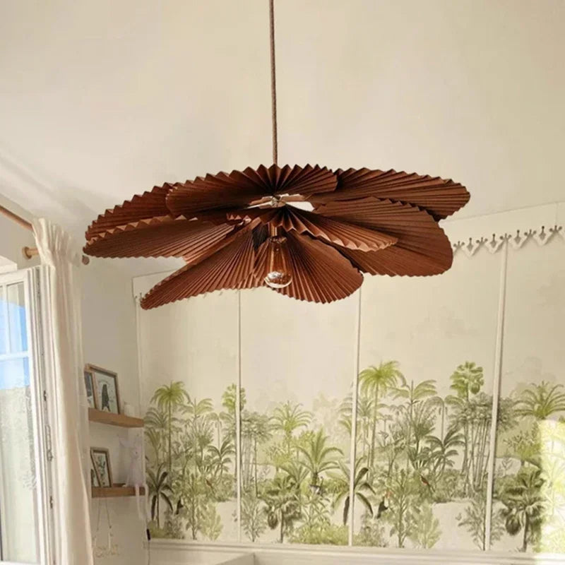 Radial paper shade chandelier on a slim metal frame