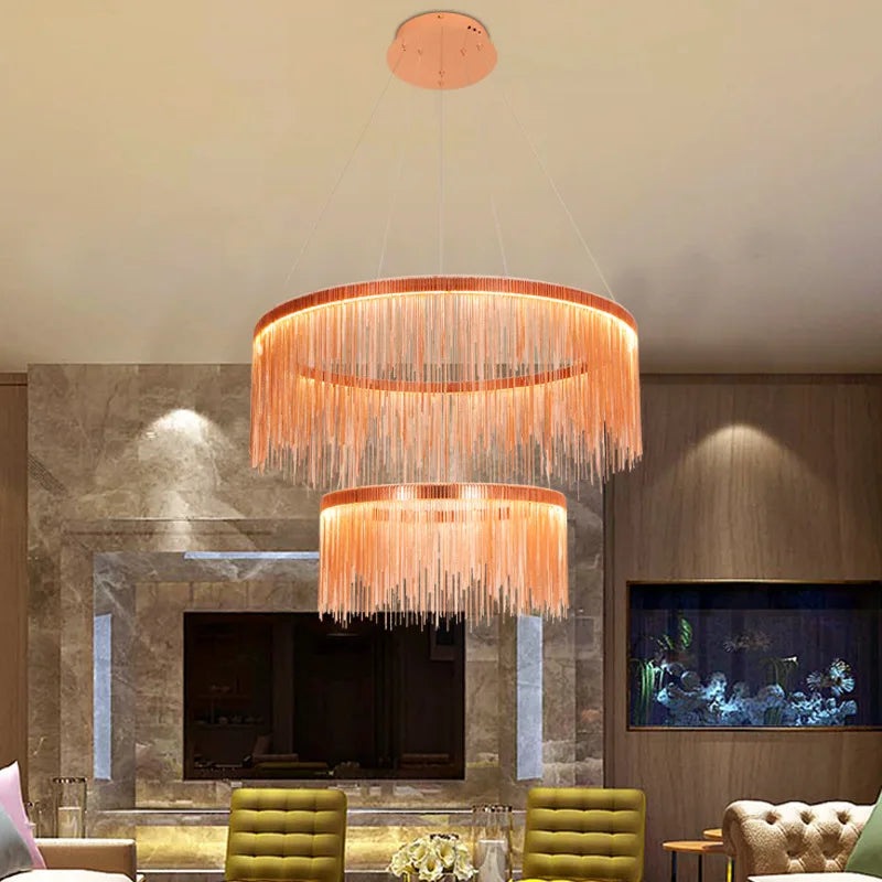Italian tassel chandelier with fine aluminum chain on a metal frame