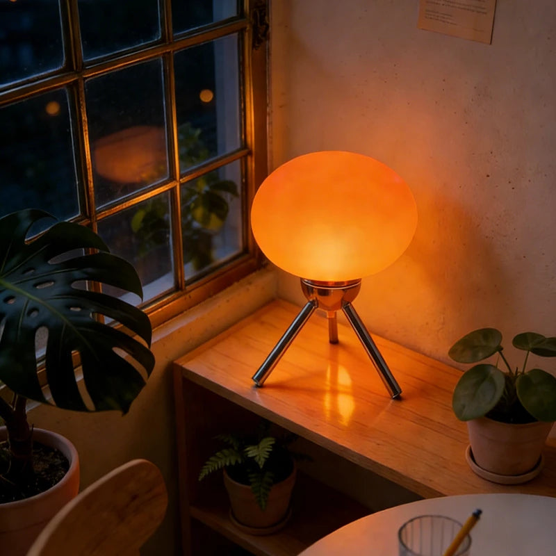 Bauhaus mushroom lamp green variant glowing on bedroom bedside table