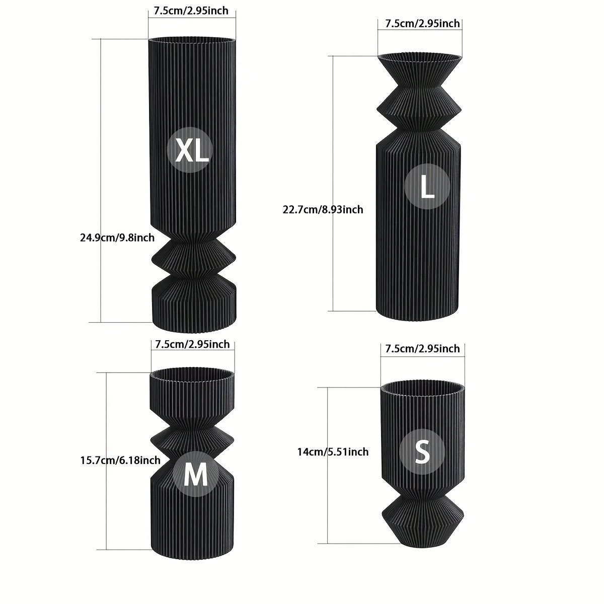 Four-piece matte black plastic vase set in S, M, L, and XL sizes