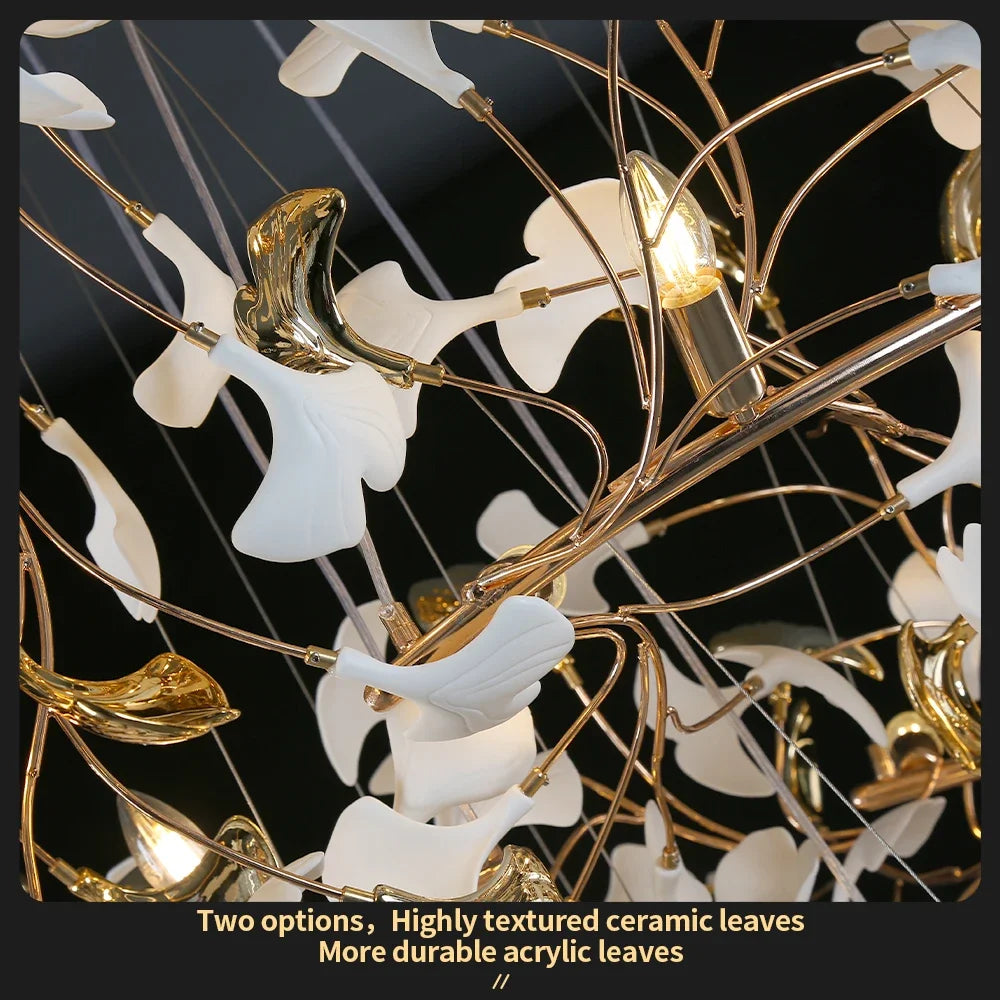 Tall ceramic leaf chandelier for a villa lobby with warm white LED light