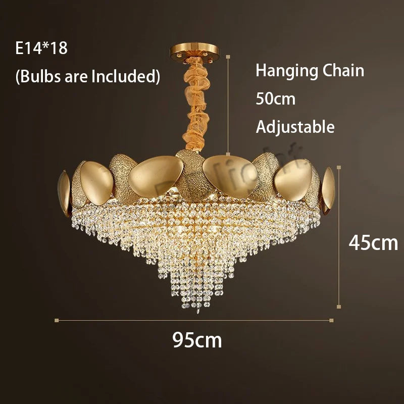 Gold crystal chandelier with chain pendant mounting and assembly required