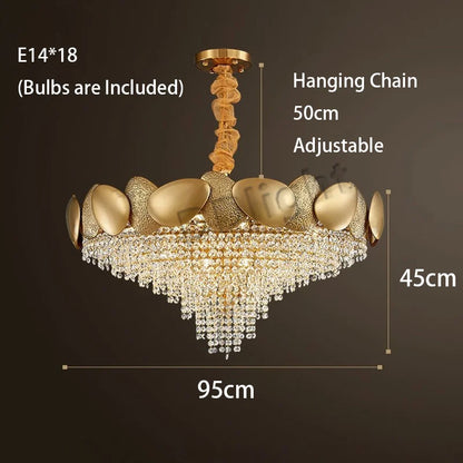 Gold crystal chandelier with chain pendant mounting and assembly required