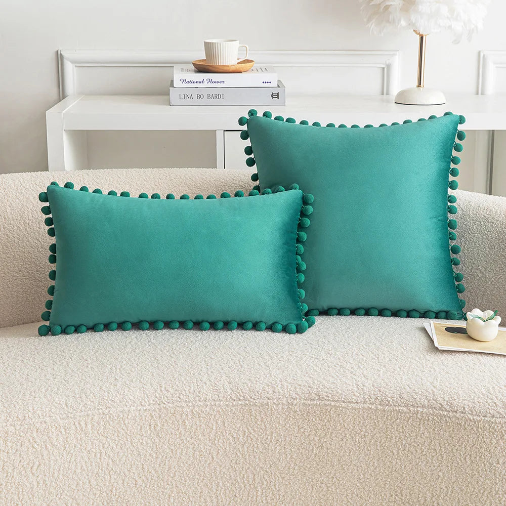Velvet Pom-Pom Throw Pillow Cover