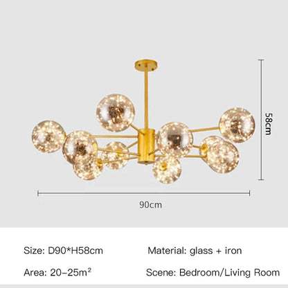 Black glass ball chandelier with staggered globe heights on iron arms