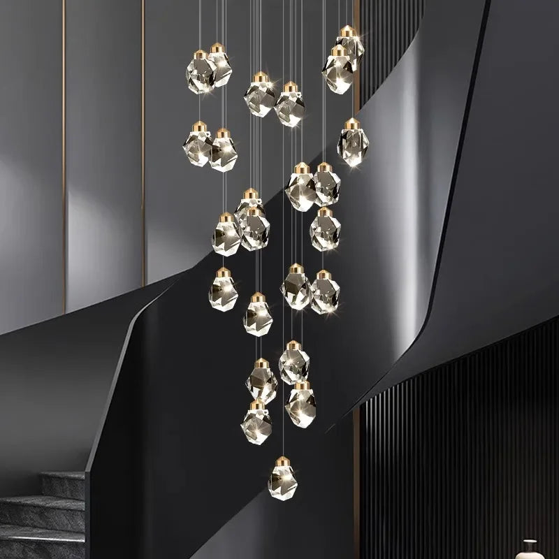 Thirty five head crystal chandelier on cords for a double-height villa hall