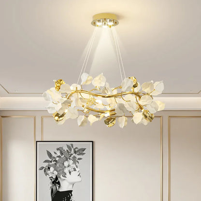 Crystal glass leaf chandelier with glass leaves on branching iron arms
