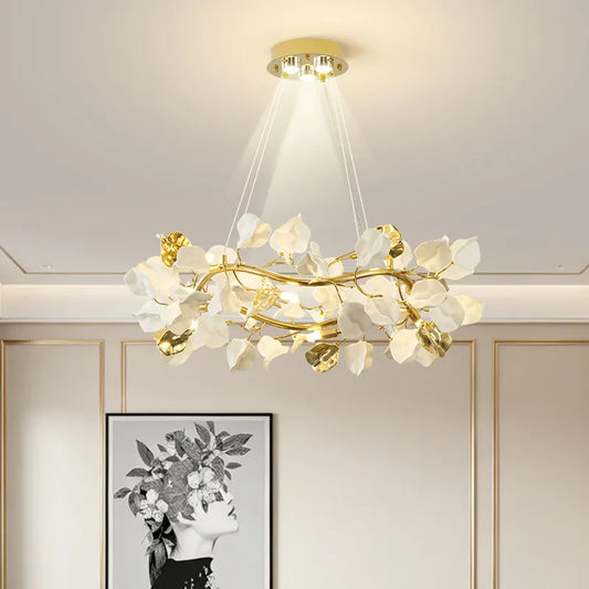 Crystal glass leaf chandelier with glass leaves on branching iron arms