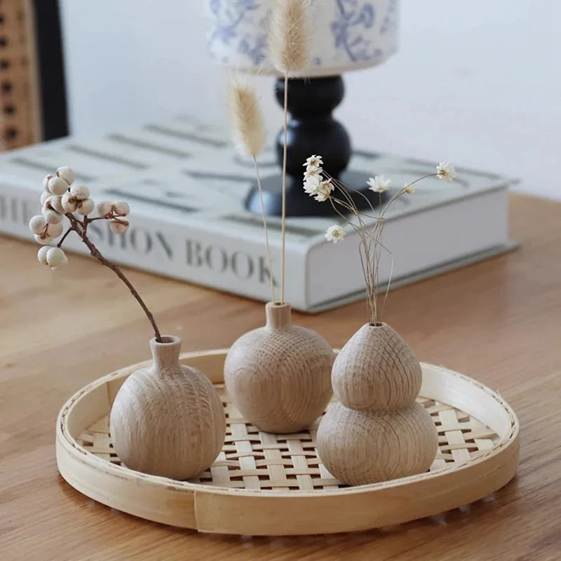 Close-up of natural wood grain texture on Japanese minimalist desk flower vase