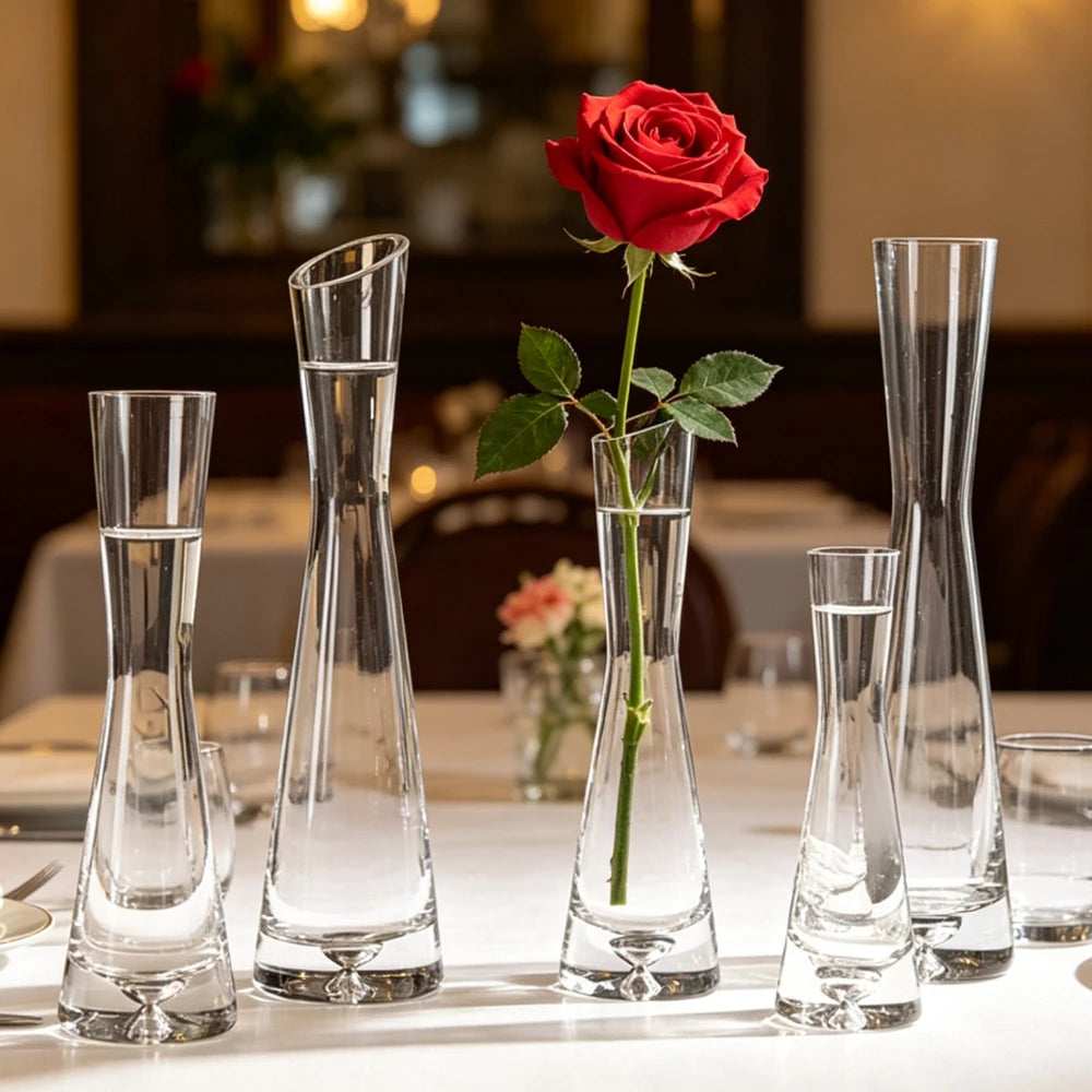 Style A large slanted mouth glass flower vase holding fresh tulip stems