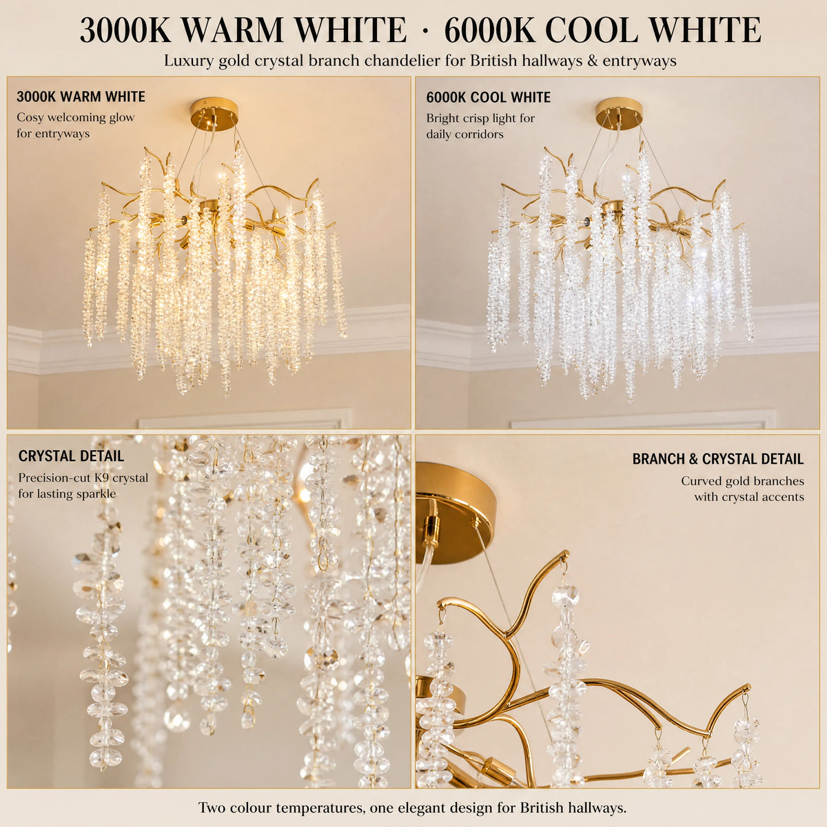 Dimmable gold branch chandelier with clear K9 crystal and iron structure
