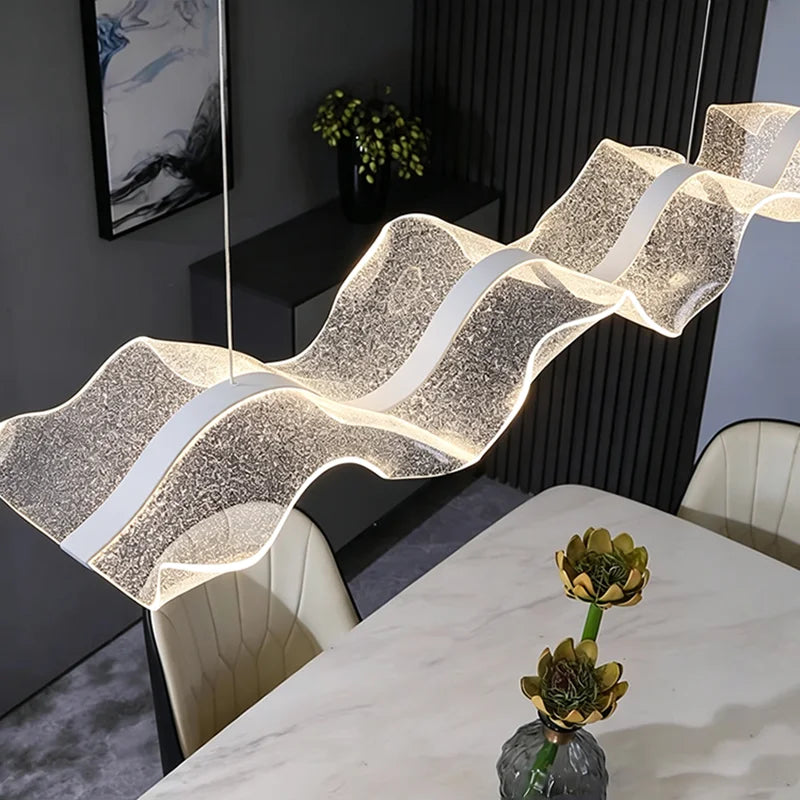 Modern wave linear chandelier with a curved PMMA diffuser in white