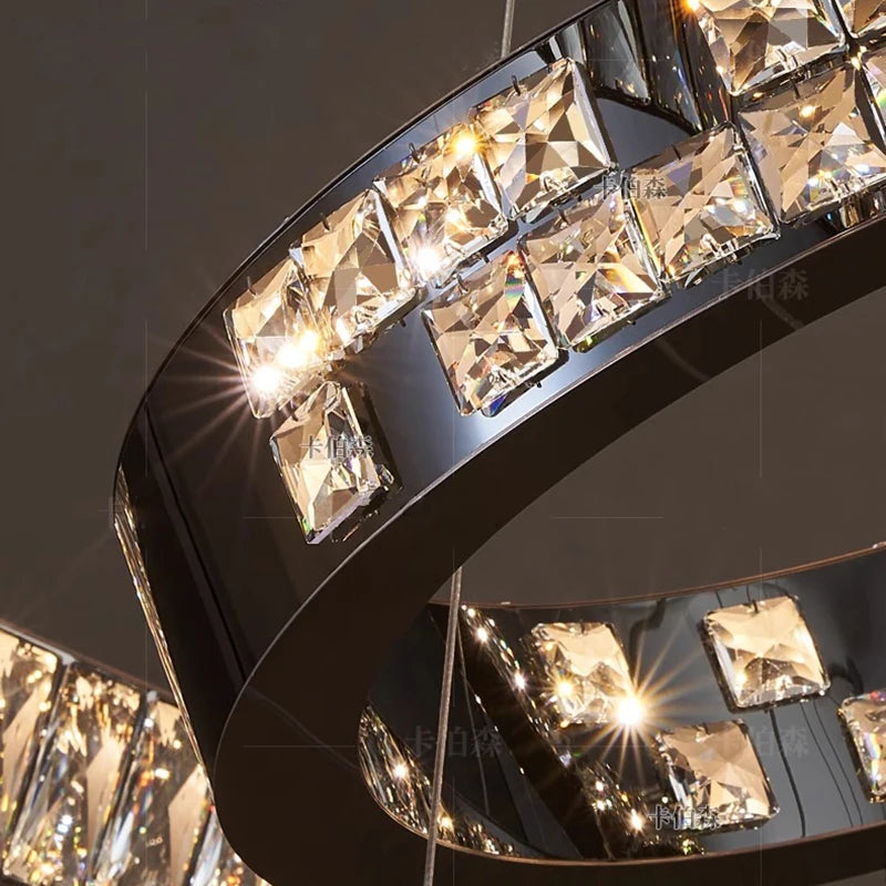 Ironwork and crystal stair chandelier with remote control dimming